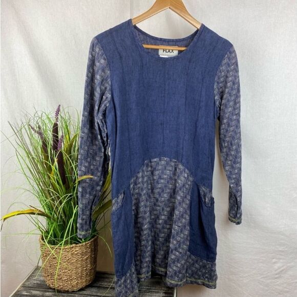 Flax Blue 100% Linen Long Sleeve Two Tone Tunic Top P - Picture 2 of 7